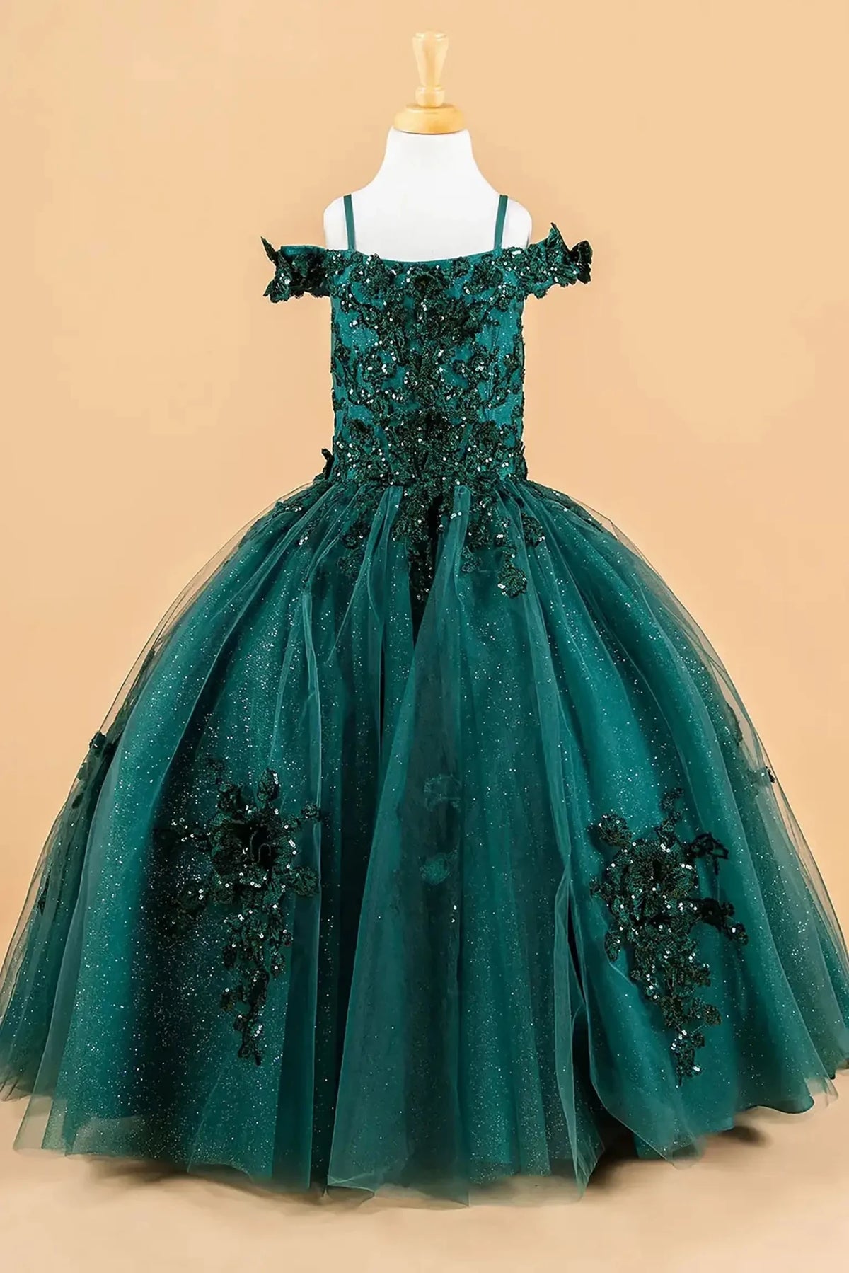 Green kids mini quinceañera mini quince dress with 3D floral applique bodice, boat neckline, cold shoulder sleeves, and glitter tulle layered skirt.