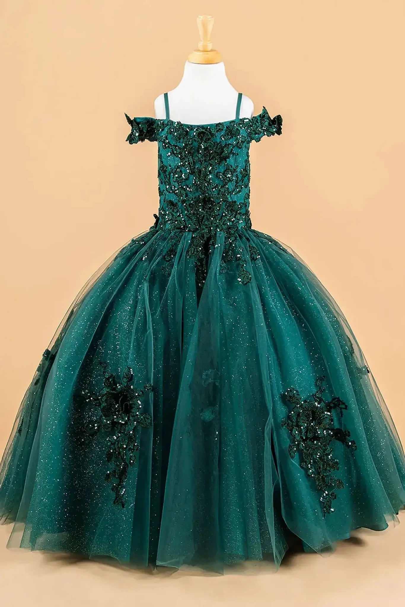 Green kids mini quinceañera mini quince dress with 3D floral applique bodice, boat neckline, cold shoulder sleeves, and glitter tulle layered skirt.