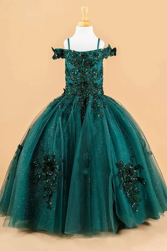 Green kids mini quinceañera mini quince dress with 3D floral applique bodice, boat neckline, cold shoulder sleeves, and glitter tulle layered skirt.