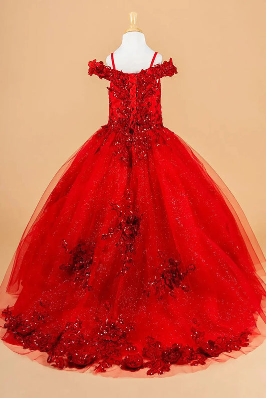 Red kids mini quinceañera mini quince dress with 3D floral applique bodice, boat neckline, cold shoulder sleeves, and glitter tulle layered skirt.