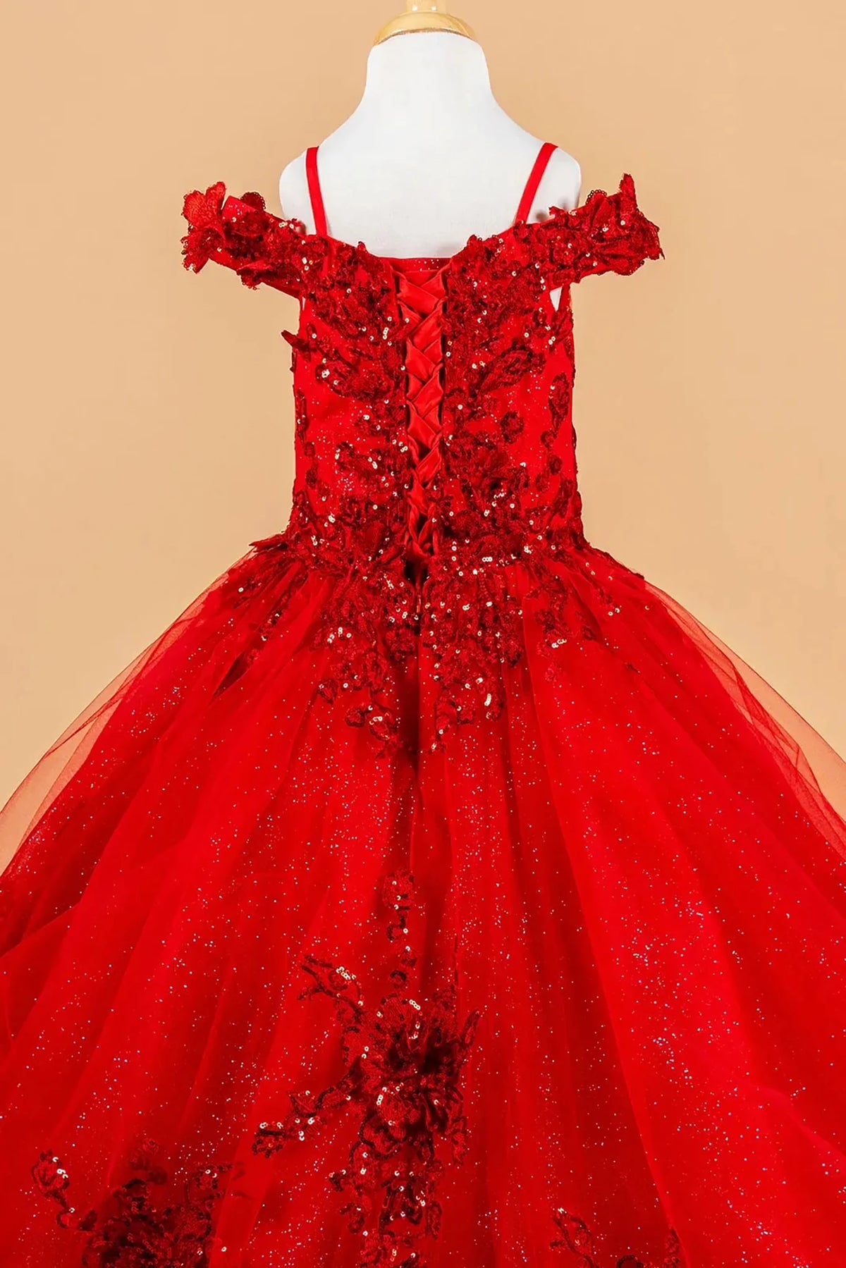 Red kids floral mini quince dress displayed.