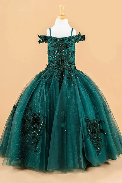 green kids mini quinceañera dress with 3D floral appliqué bodice, boat neckline, cold shoulder sleeves, and glitter tulle layered skirt