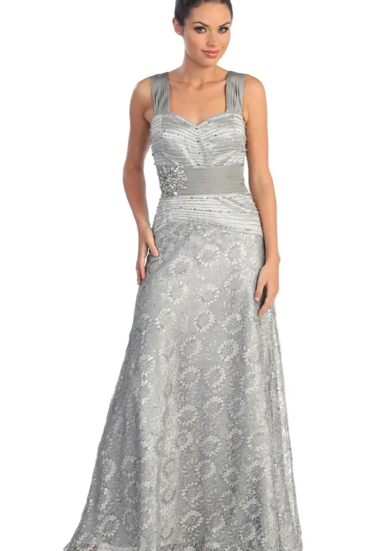 Silver beading embellished formal dress full front view