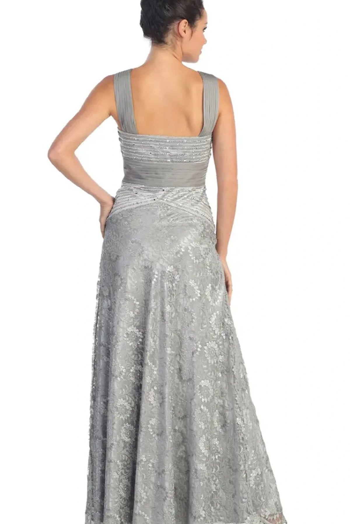 Silver beading embellished formal dress front bodice view