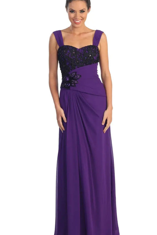 Full-length view highlights purple embroidery pleated formal dress.