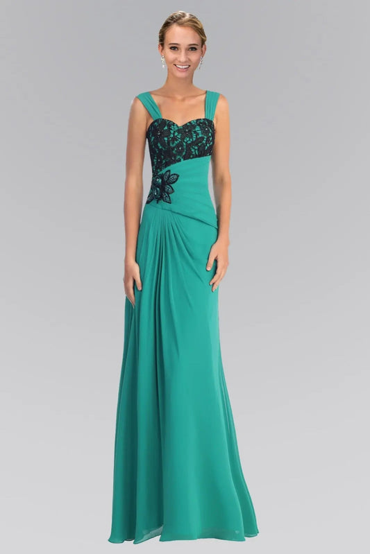 Full-length view highlights teal Green embroidery pleated formal dress.