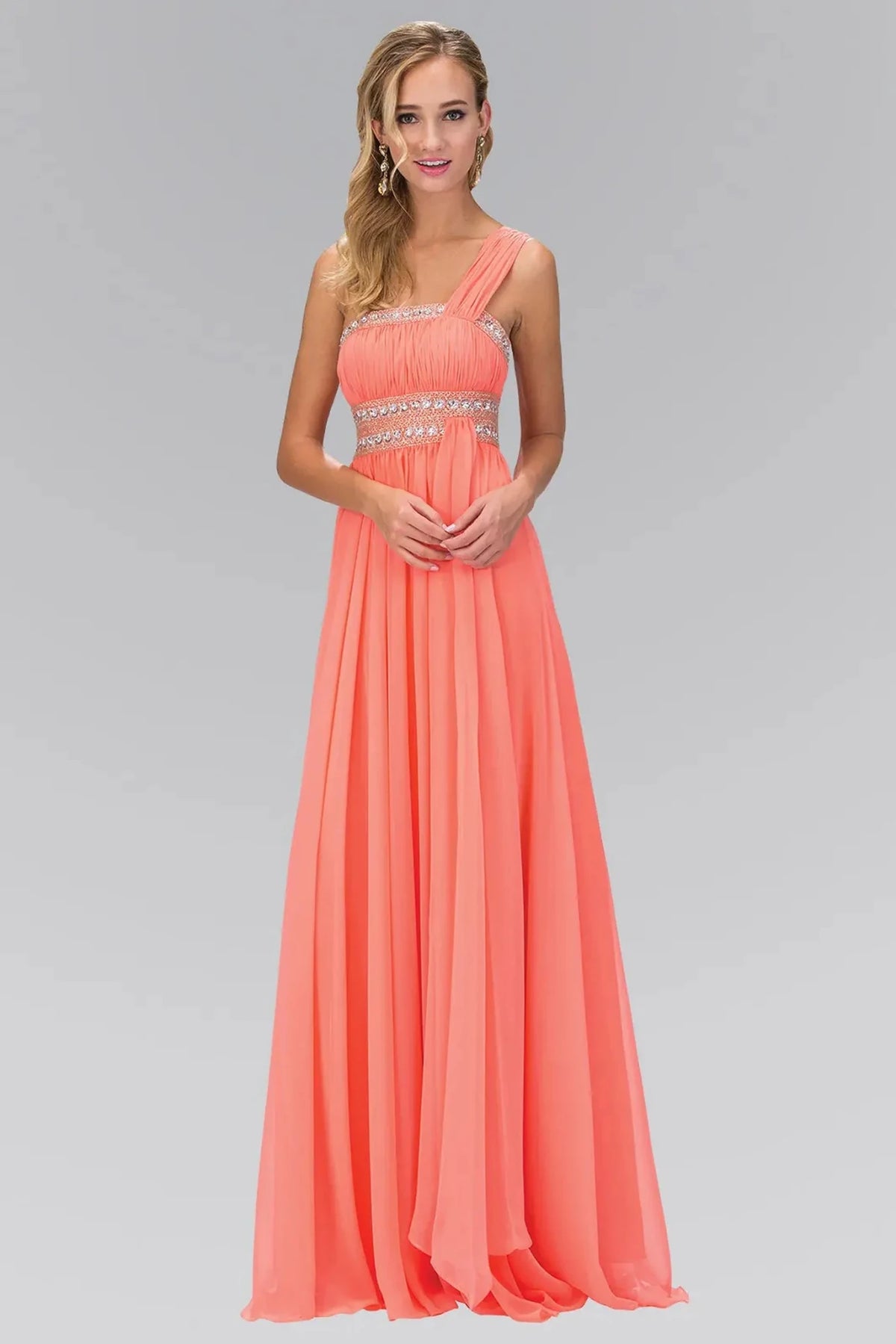 Coral beaded one-shoulder prom evening dress full front