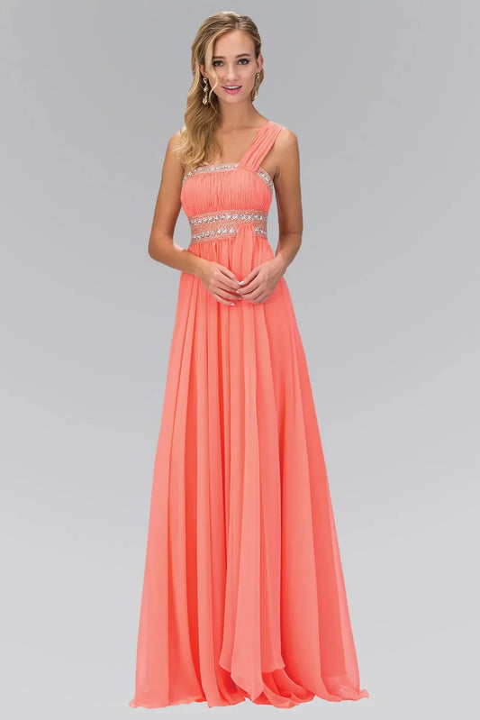 Full-length front view shows beaded one-shoulder styling on the Coral prom evening dress.