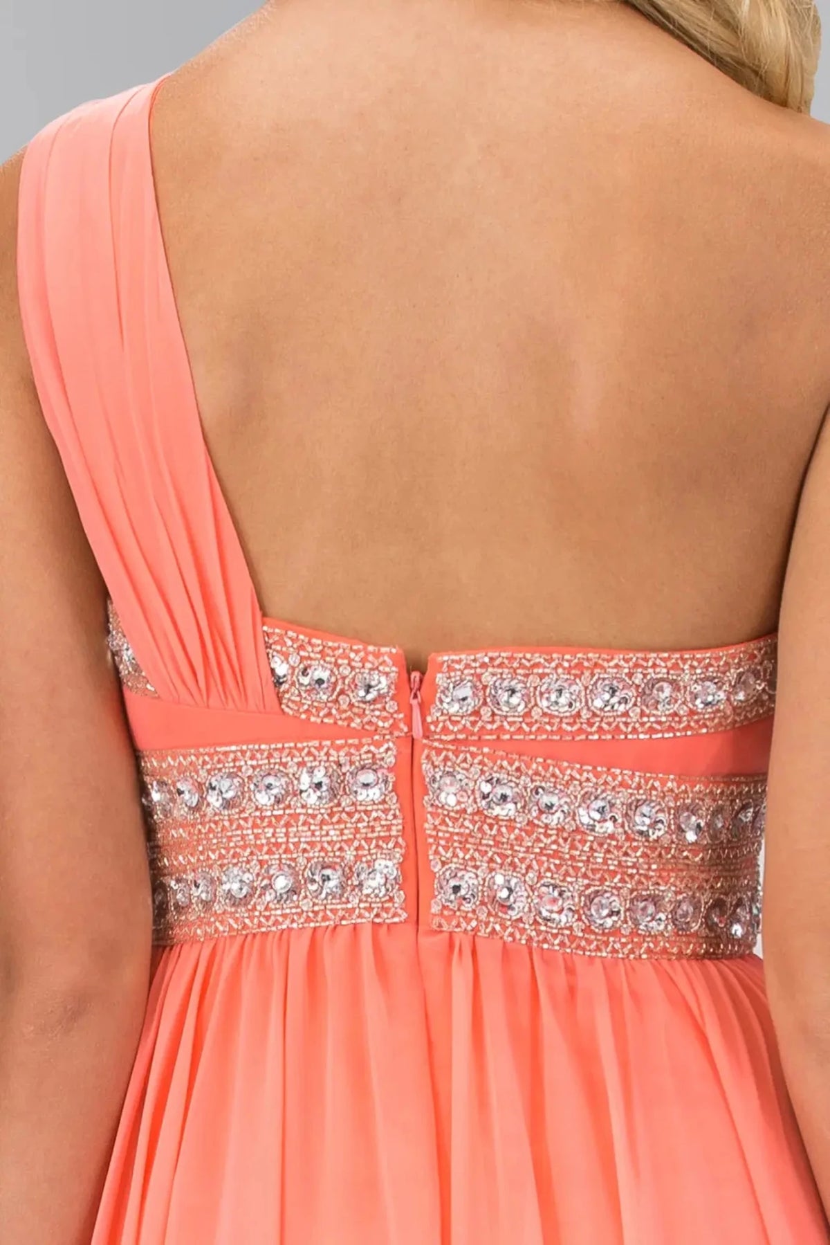 Coral prom evening dress full back with open back