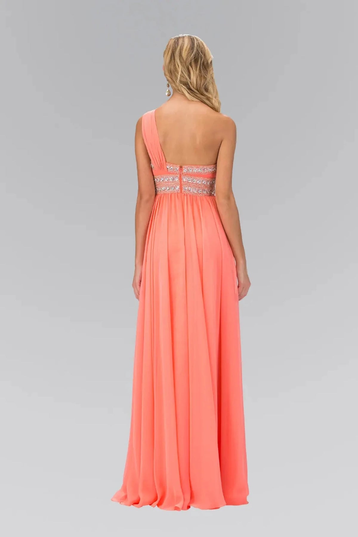 Coral prom evening dress empire skirt detail