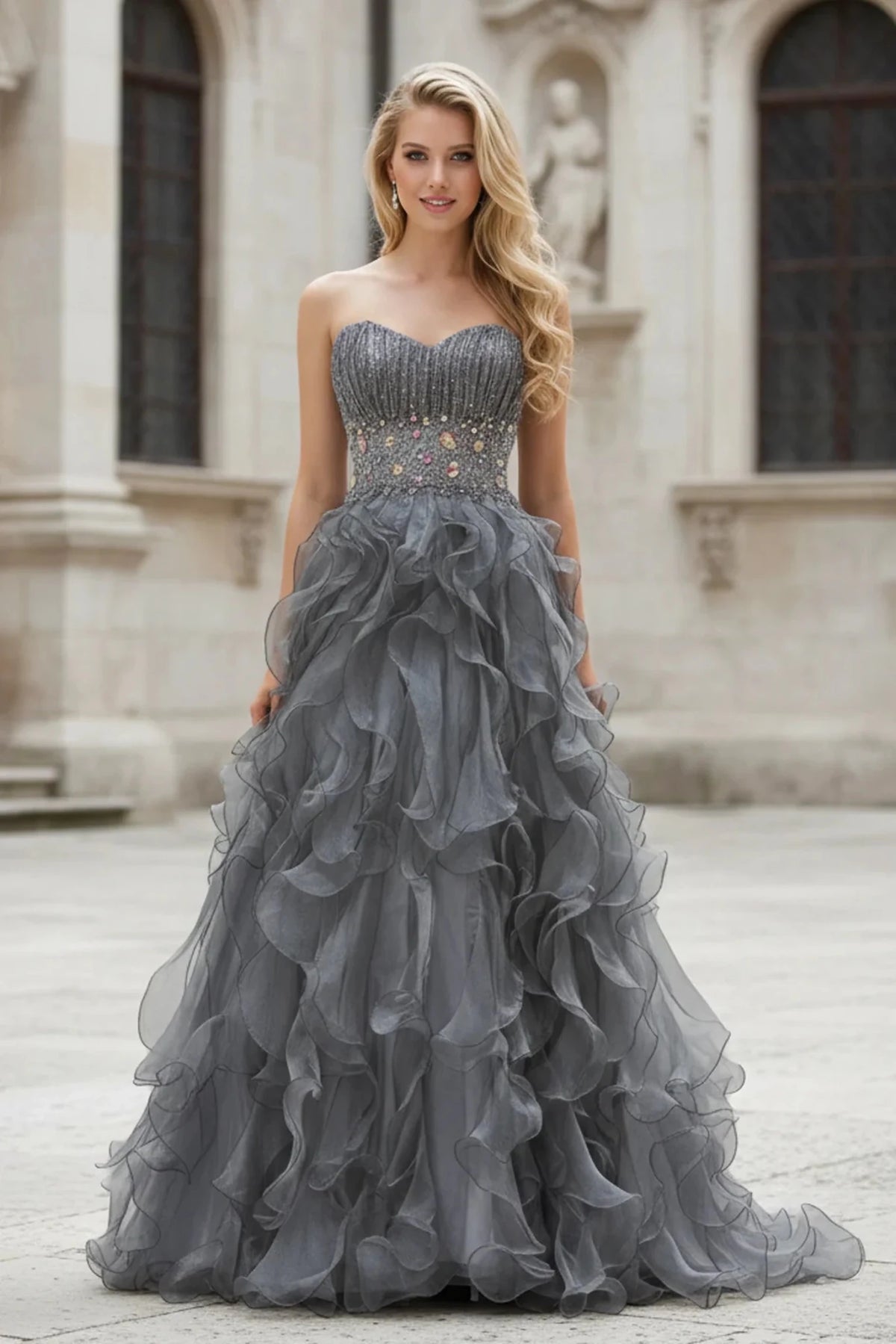 Silver beaded strapless prom evening dress full front