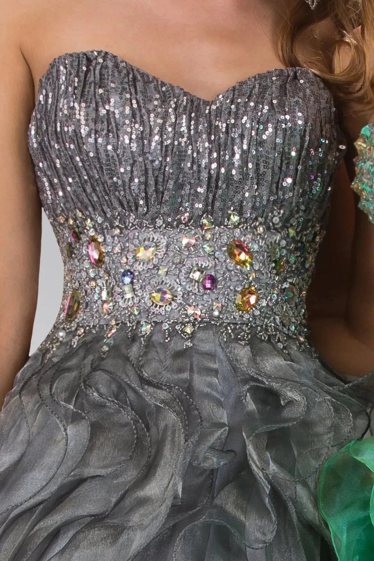 Silver sweetheart prom evening dress upper front with beads, jewel