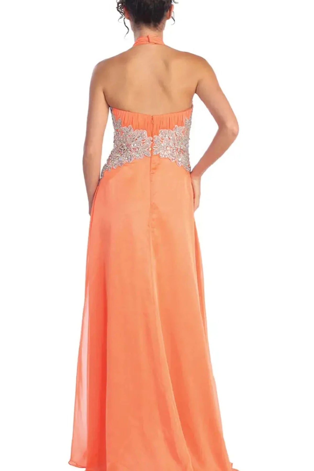 Coral beaded halter prom evening dress full front
