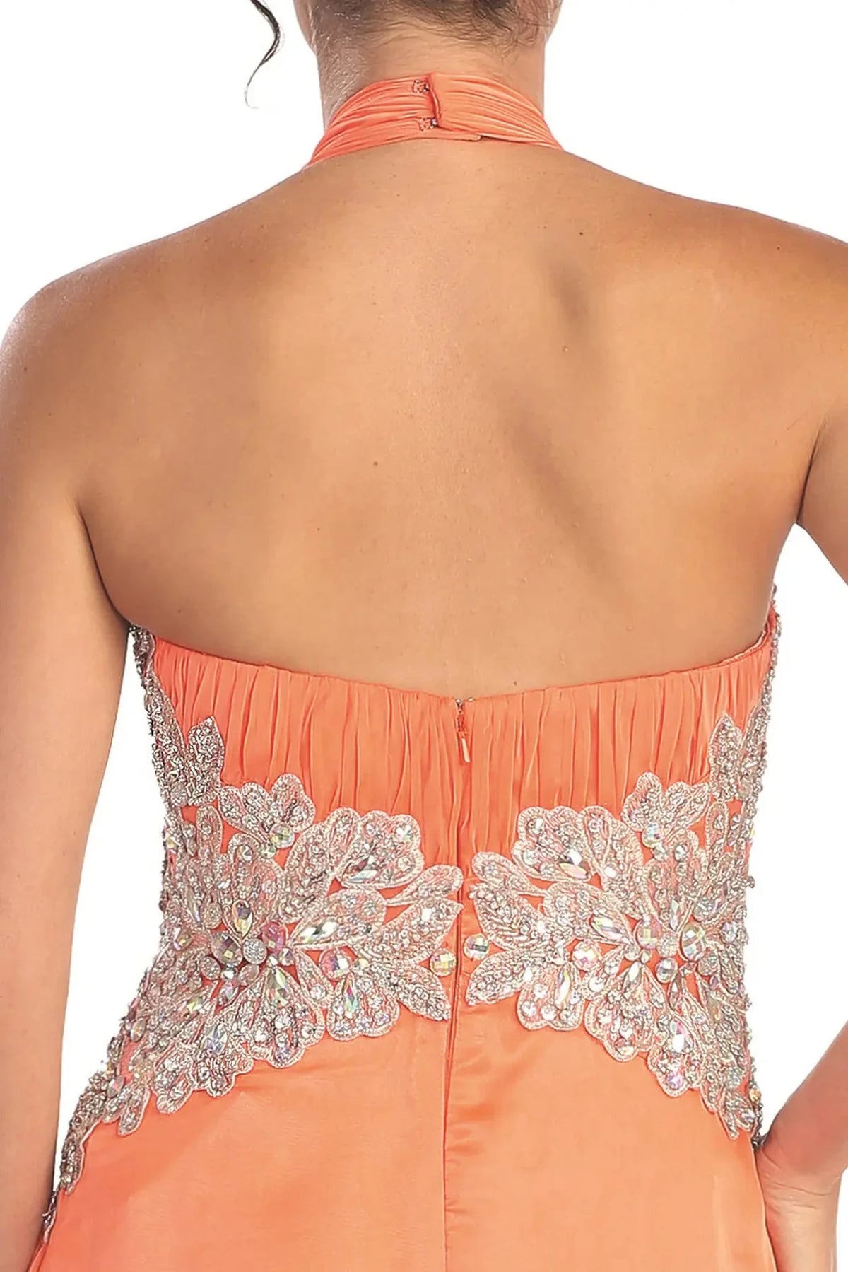 Coral halter prom evening dress upper front with jewel
