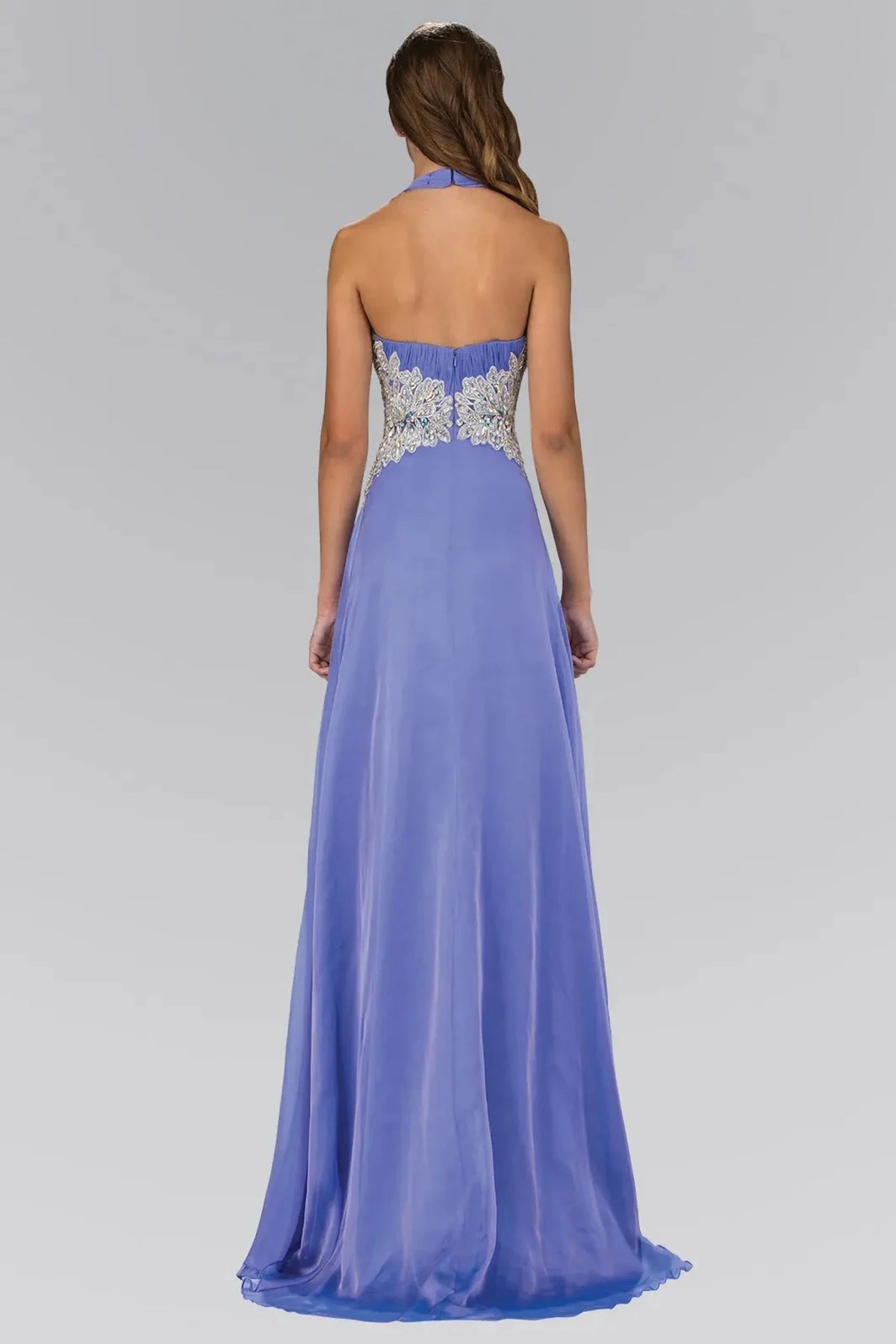 Lilac prom evening dress full back with open back