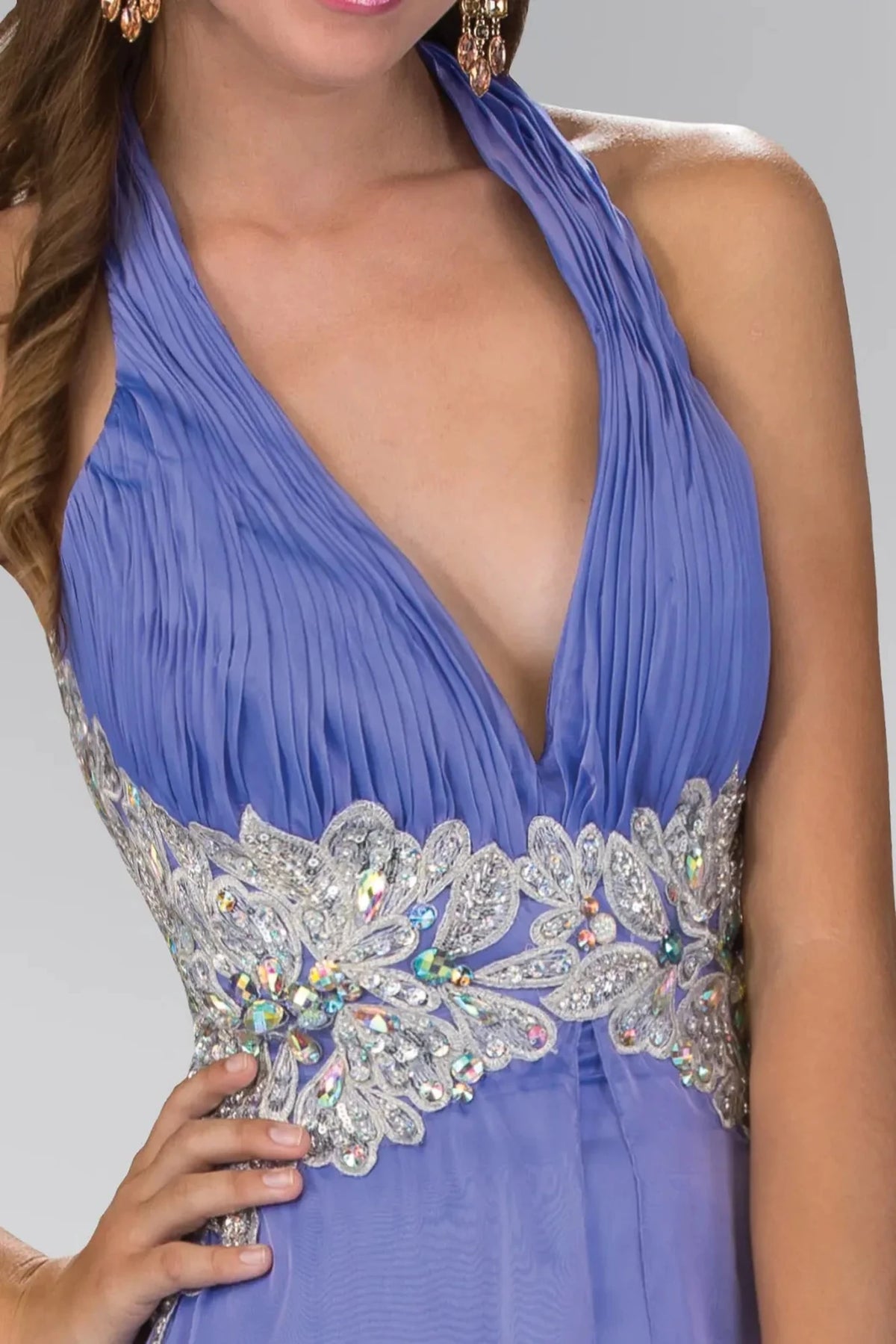 Lilac halter prom evening dress upper front with jewel