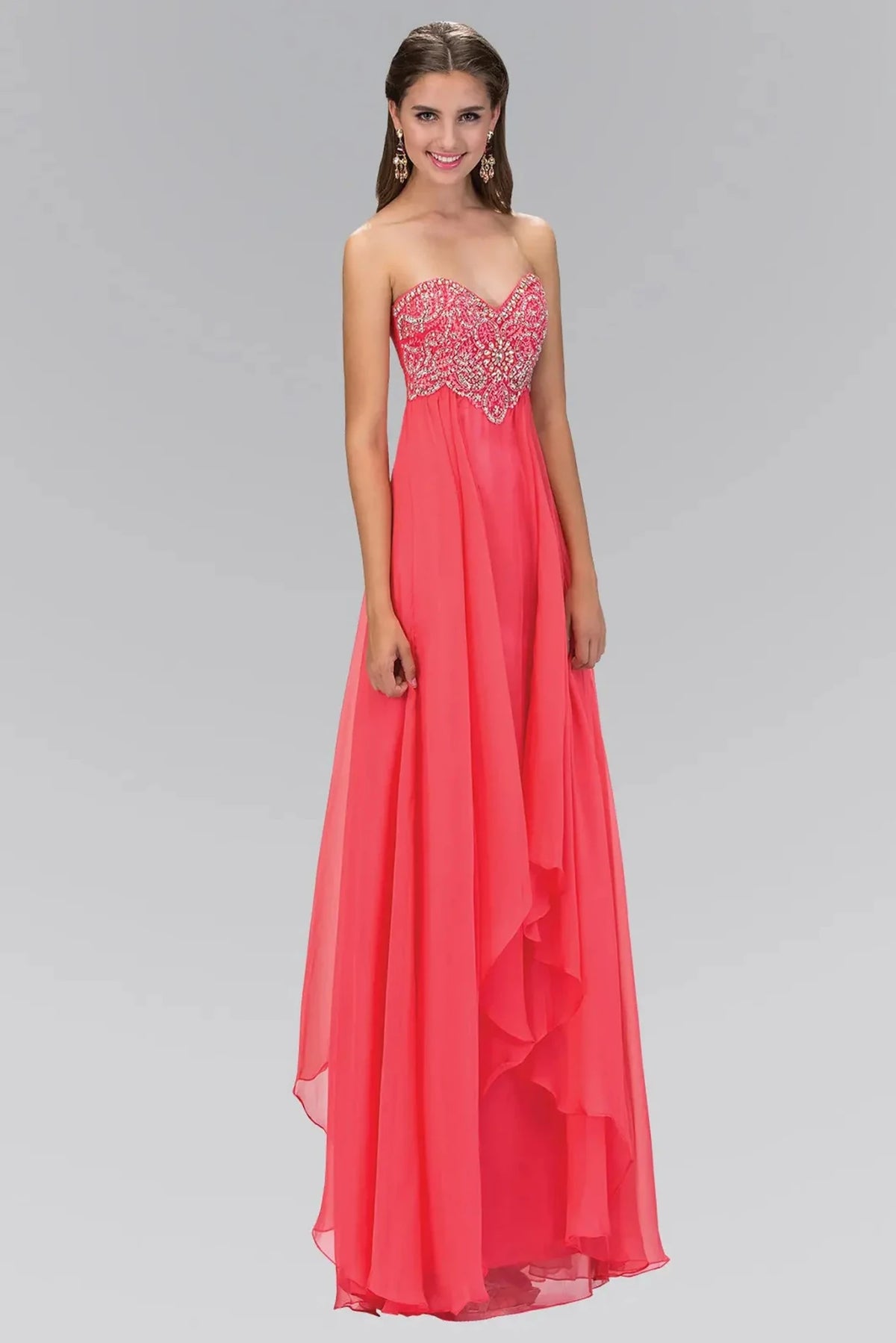Coral beaded strapless prom evening dress full front