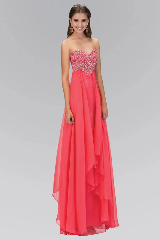 Full-length front view shows beaded strapless styling on the Coral prom evening dress.