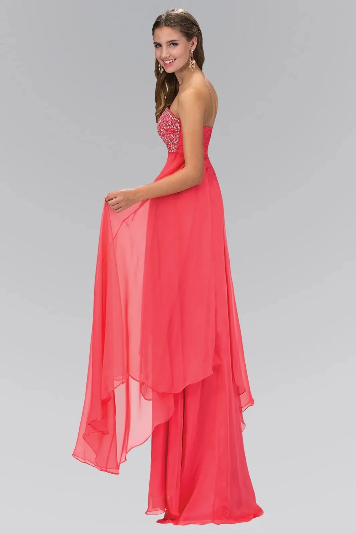 Coral prom evening dress full back with open back