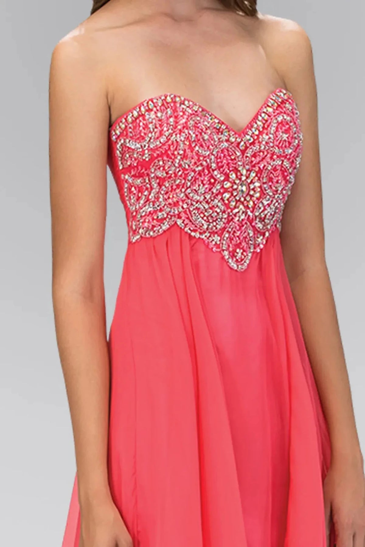 Coral sweetheart prom evening dress upper front with beads
