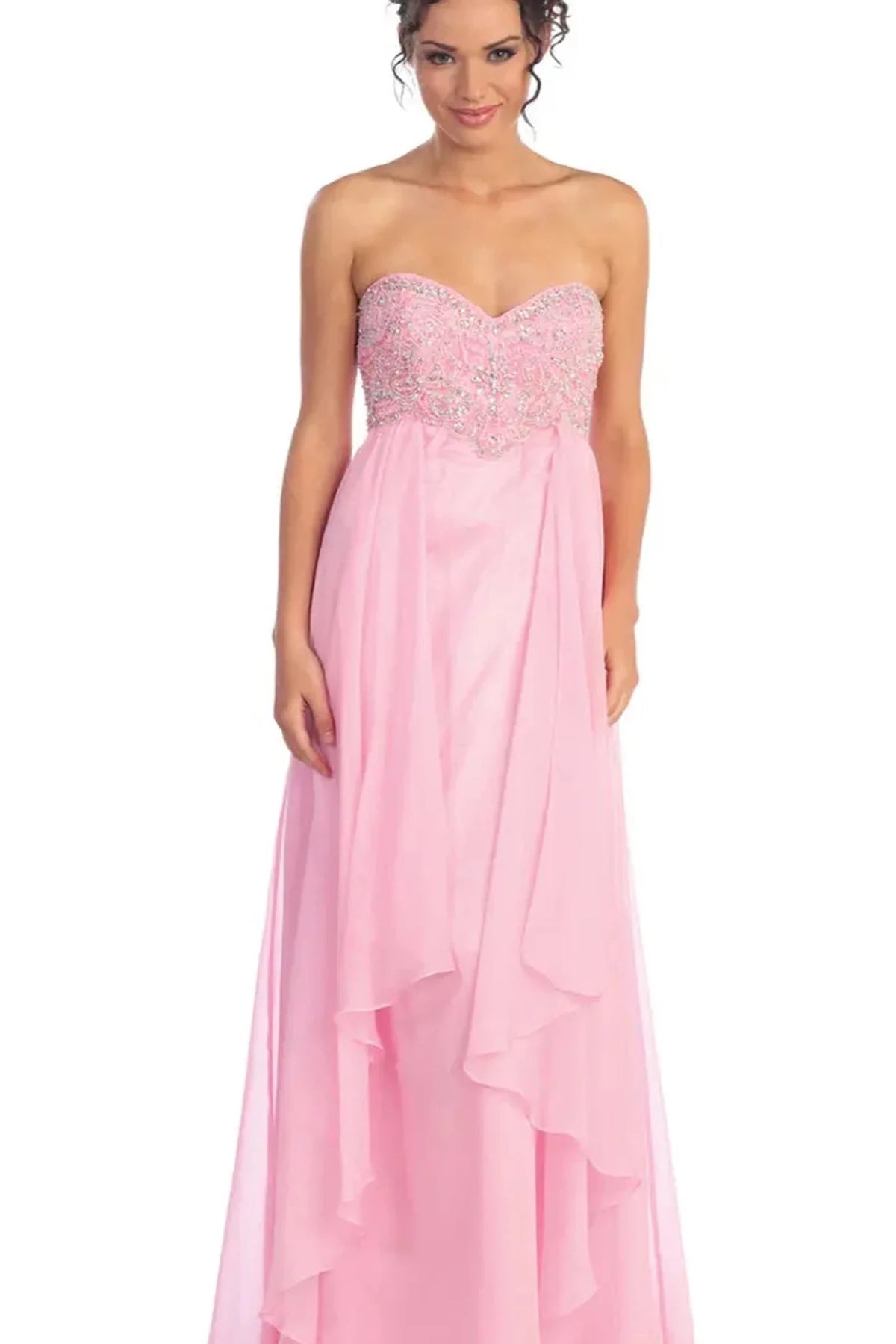 Pink beaded strapless prom evening dress full front