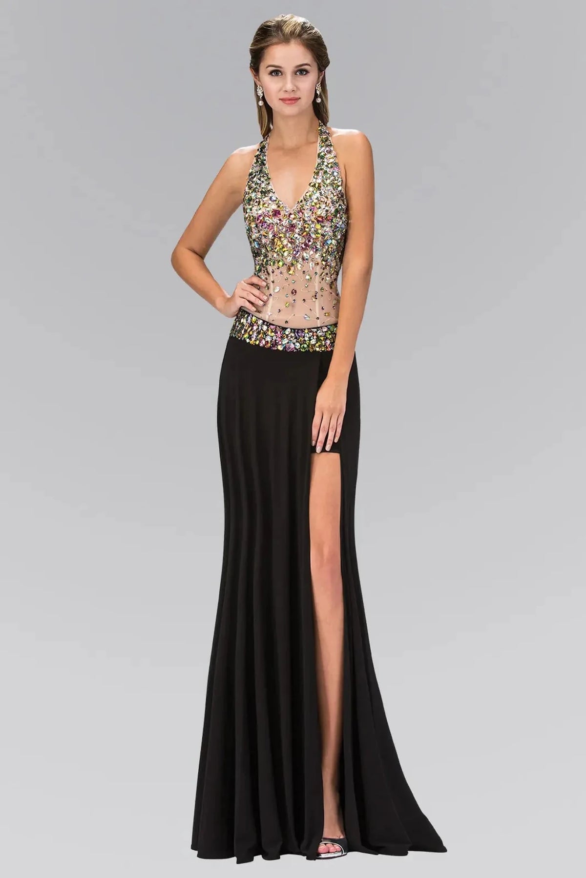 Black beaded halter prom evening dress full front