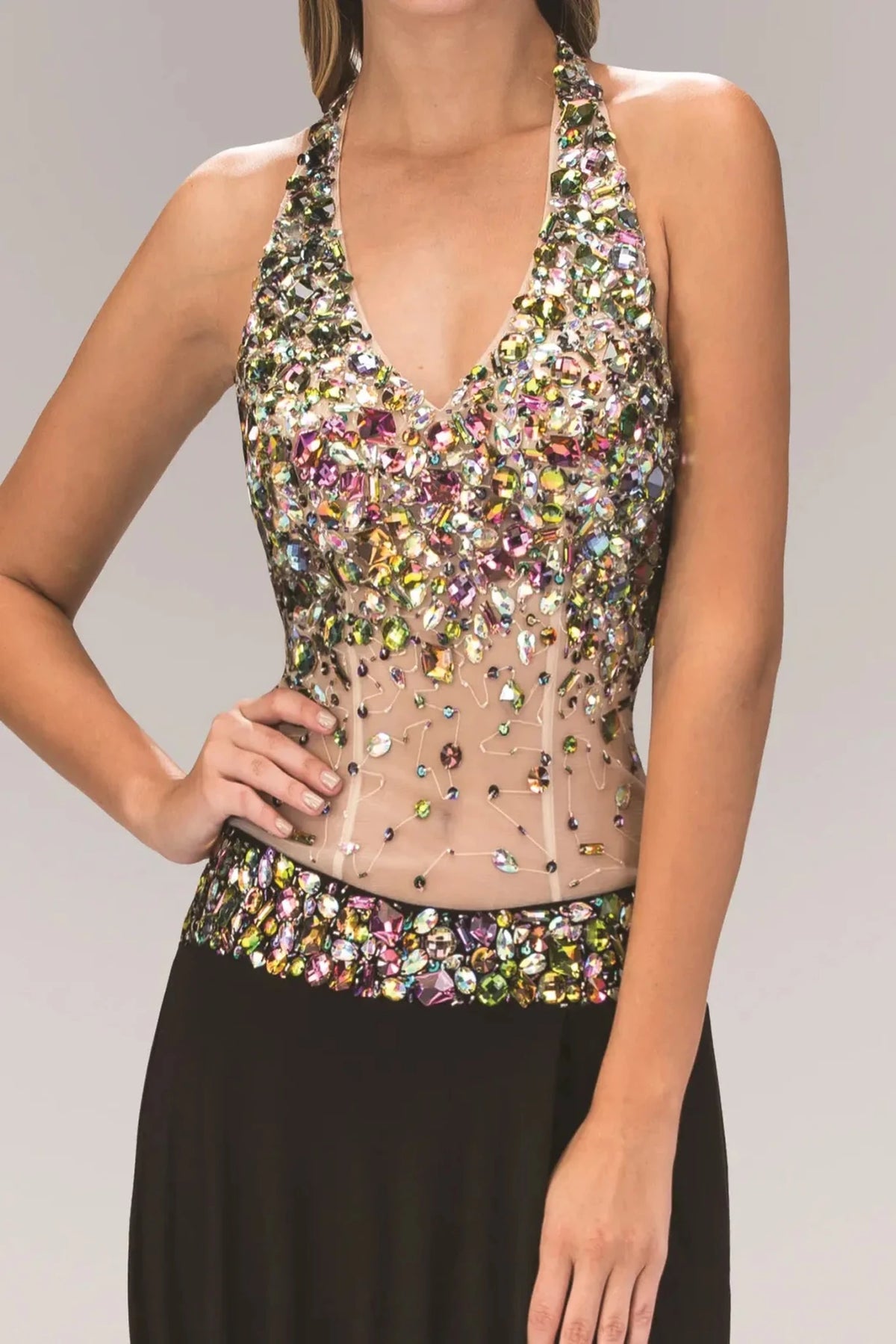 Black halter prom evening dress upper front with beads