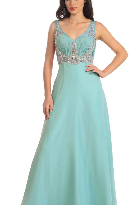 Full-length view highlights tiffany beading embellished formal dress.