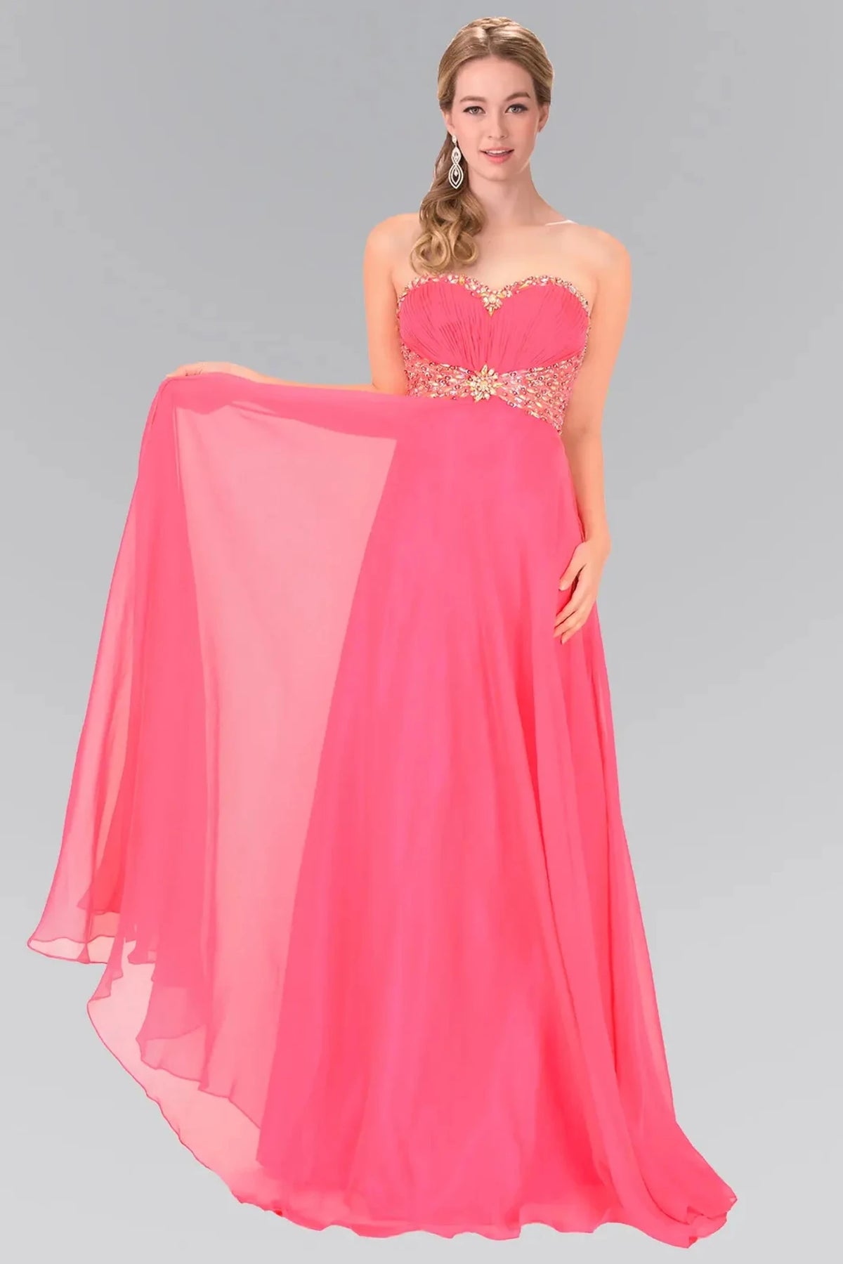 Hot Pink beaded strapless prom evening dress full front