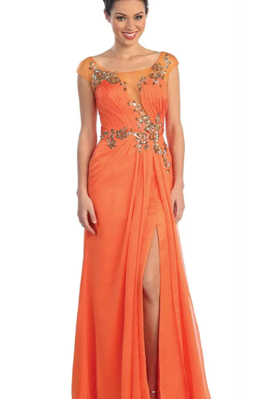 Back detail shows orange beading embellished pleated formal dress back bodice detail.