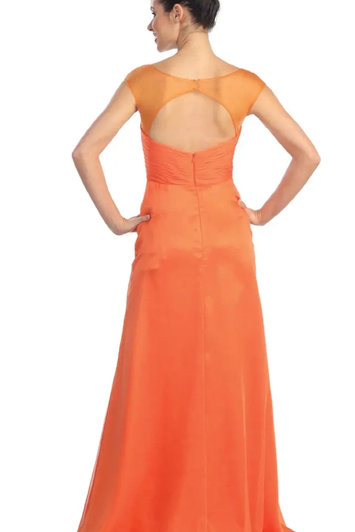 Orange beading embellished pleated formal dress front bodice view