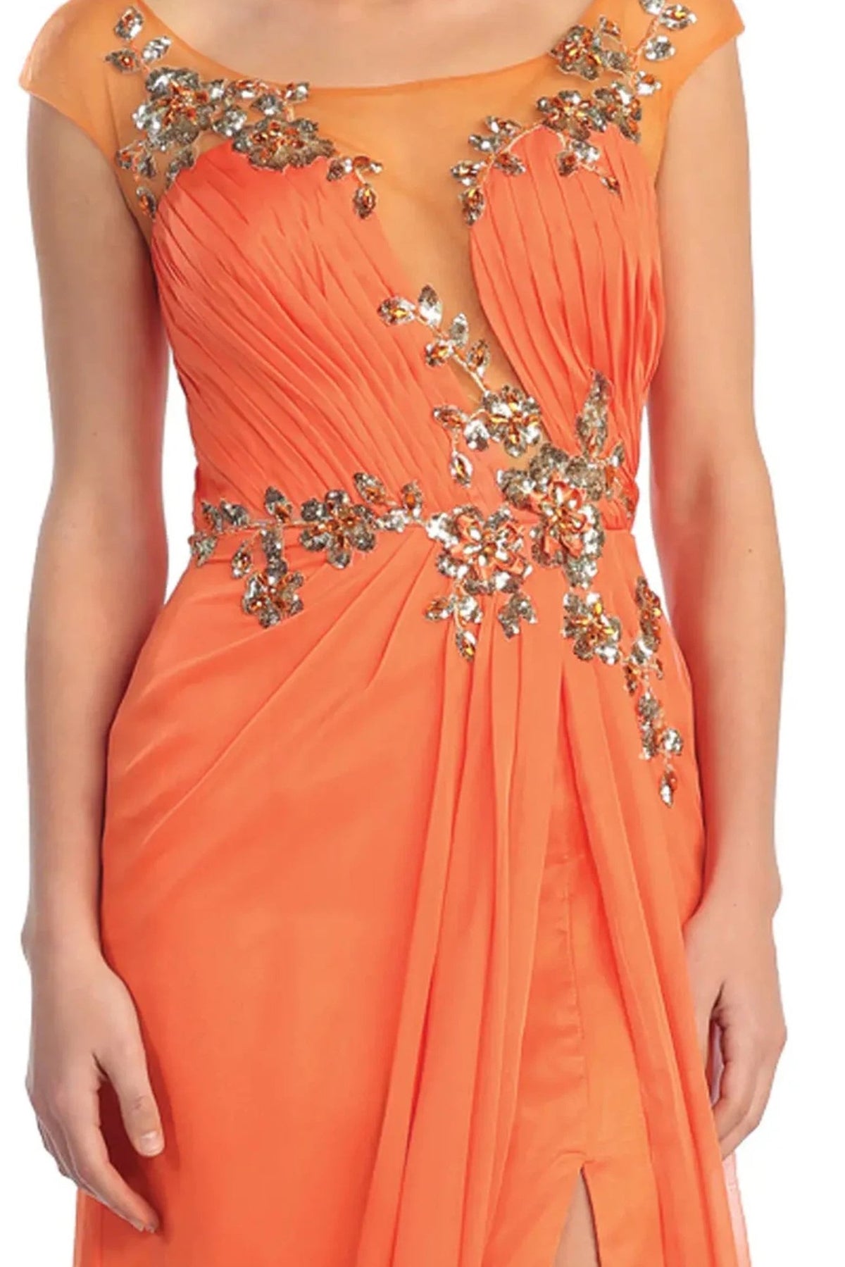 Orange beading embellished pleated formal dress full front view