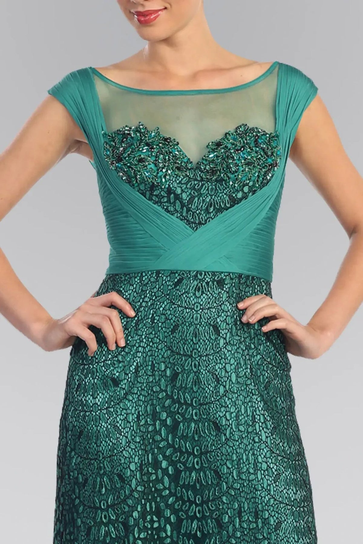 Green beading 3d detail pleated formal dress front bodice view