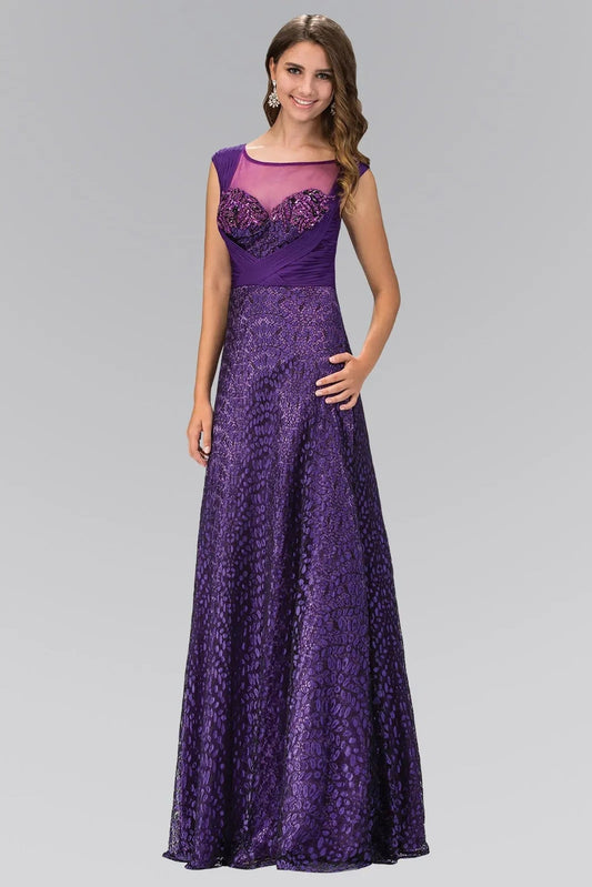Full-length view highlights purple beading 3d detail pleated formal dress.