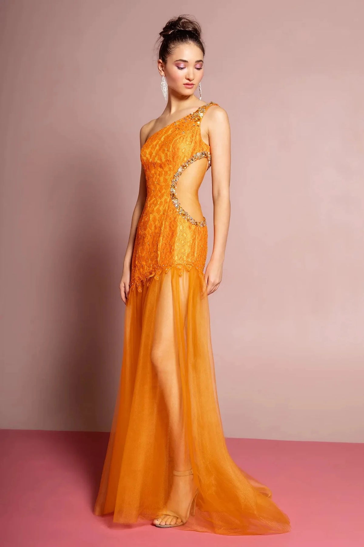 Orange beaded one-shoulder prom evening dress full front