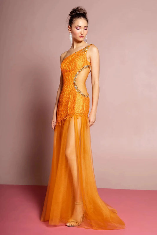 Full-length front view shows beaded one-shoulder styling on the Orange prom evening dress.