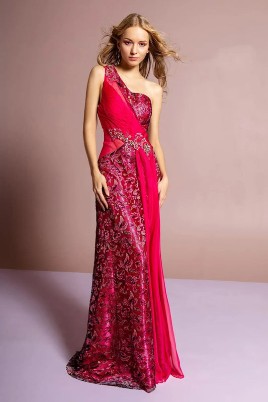 Asymmetric beaded lace wraps the front of the Fuchsia formal dress.