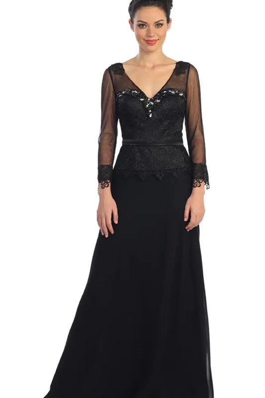 Back detail shows black embellished formal dress back bodice detail.