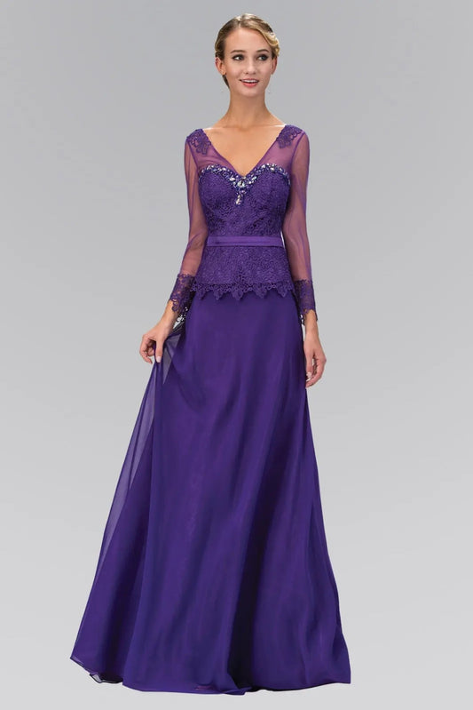 Full-length view highlights eggplant embellished formal dress.