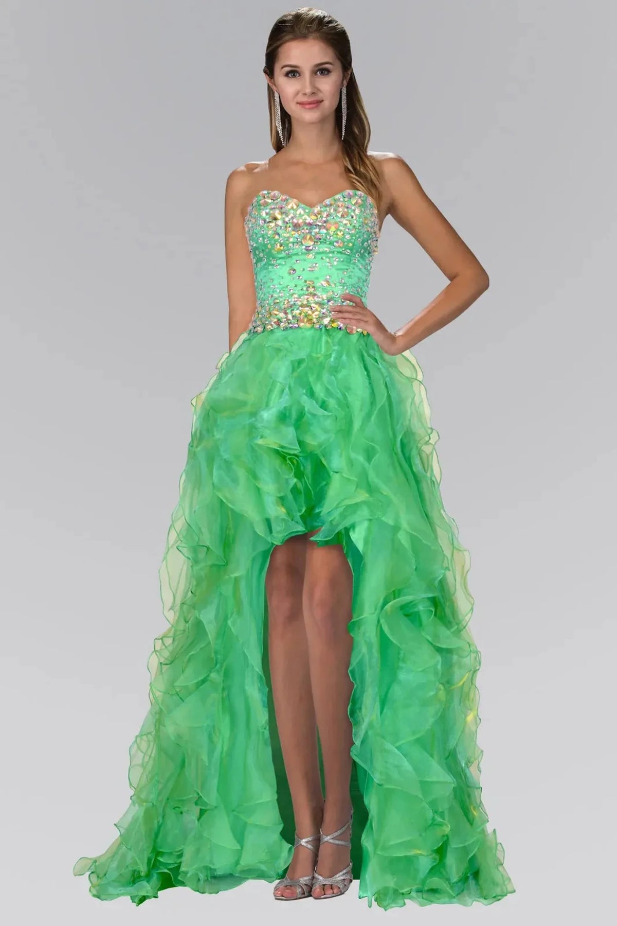 Emerald Green beaded strapless prom evening dress full front