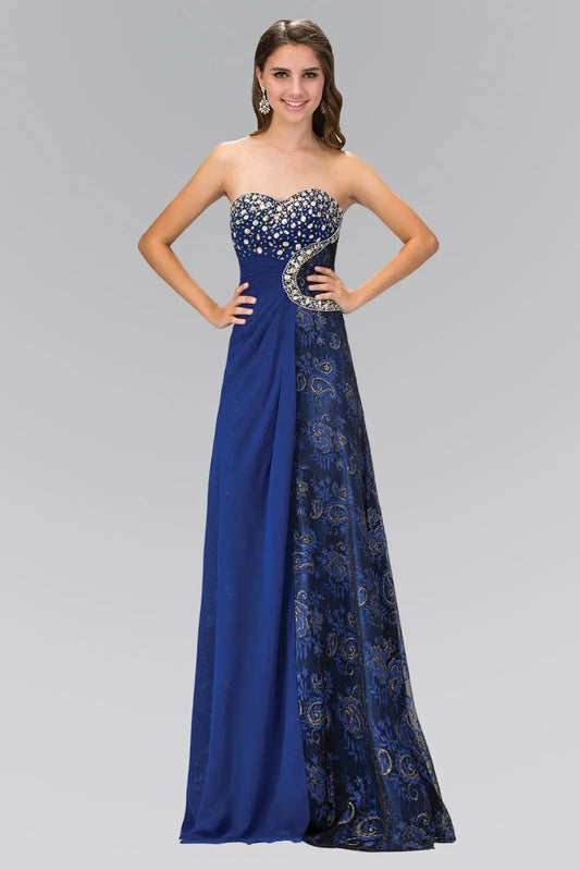 Full-length view highlights black embellished 3d detail formal dress.