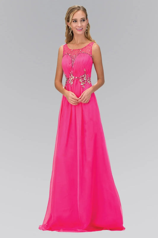 Skirt detail shows hot Pink embellished formal dress skirt detail.