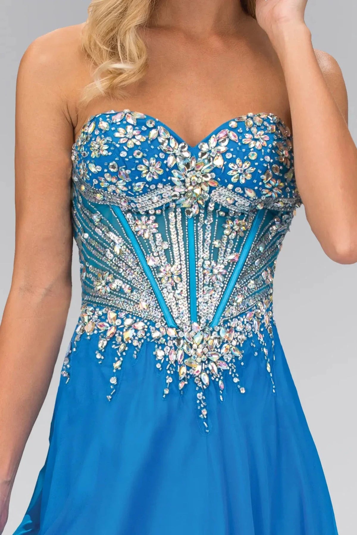 Oceanblue sweetheart prom evening dress upper front with jewel, sequin