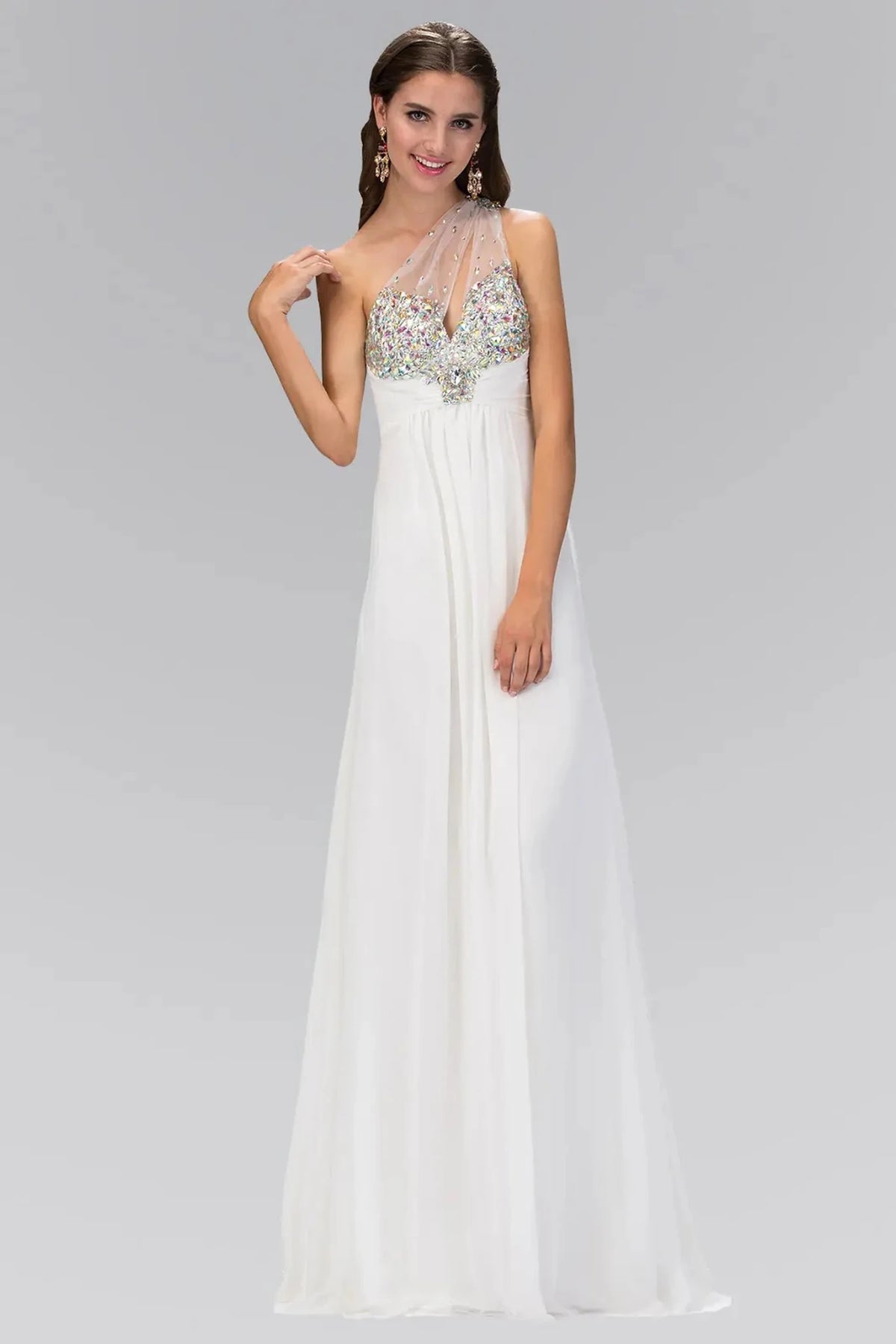 Ivory beaded one-shoulder prom evening dress full front