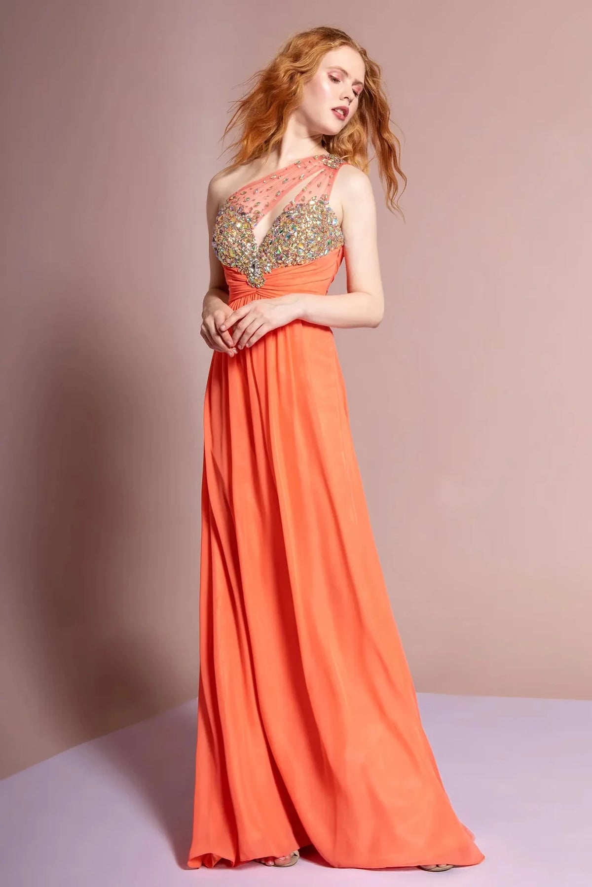 Orange beaded one-shoulder prom evening dress full front