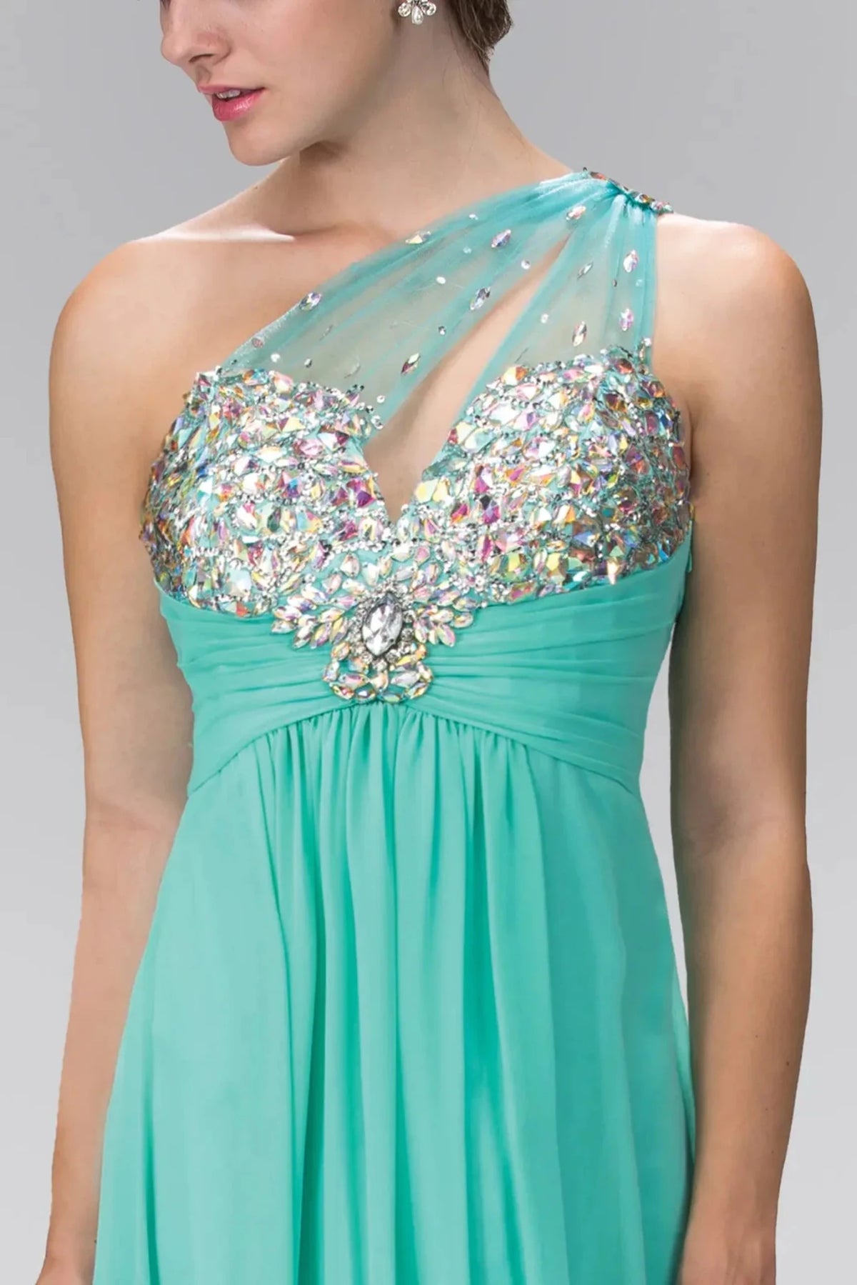 Tiffany asymmetric prom evening dress upper front with jewel