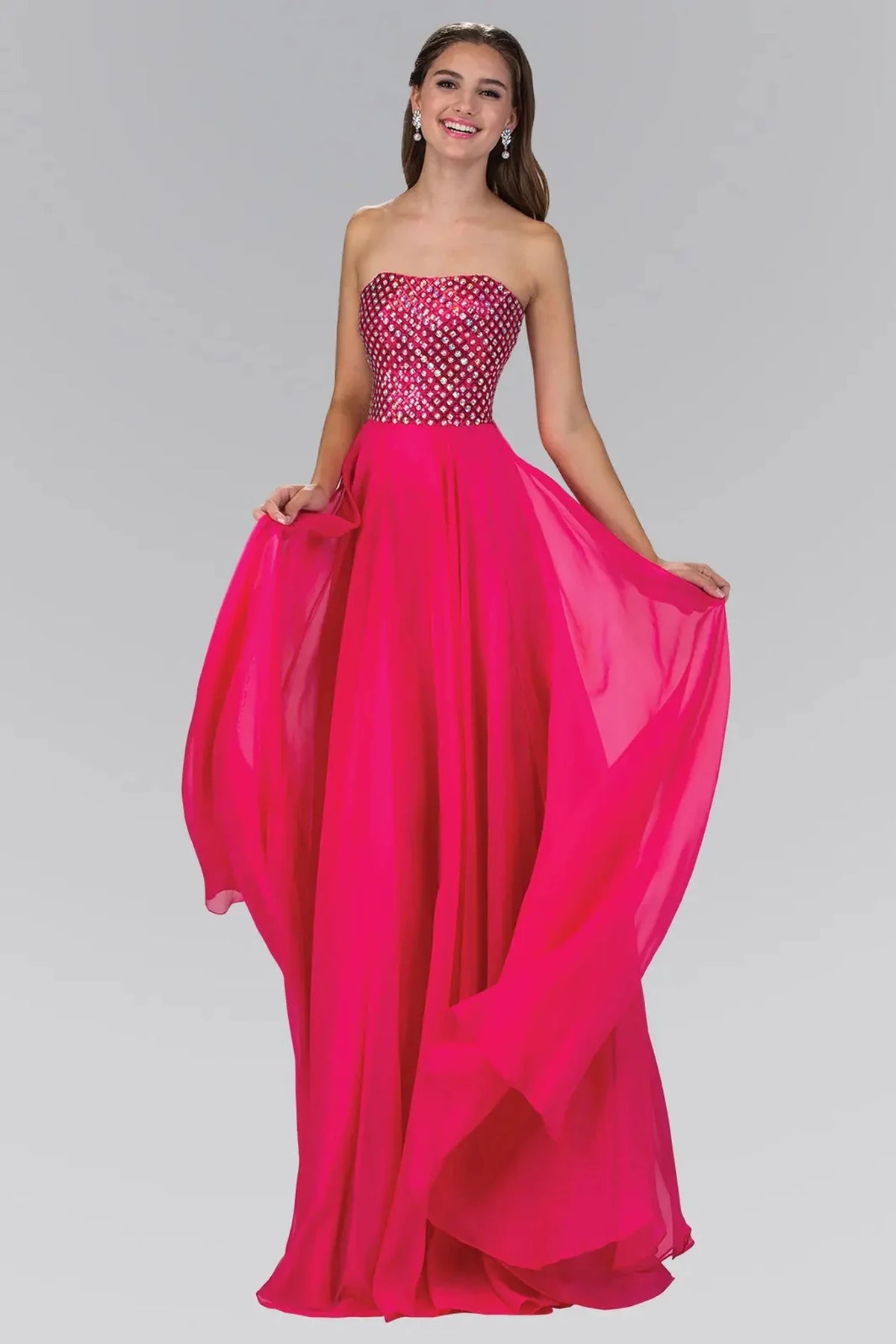 Fuchsia beaded strapless prom evening dress full front
