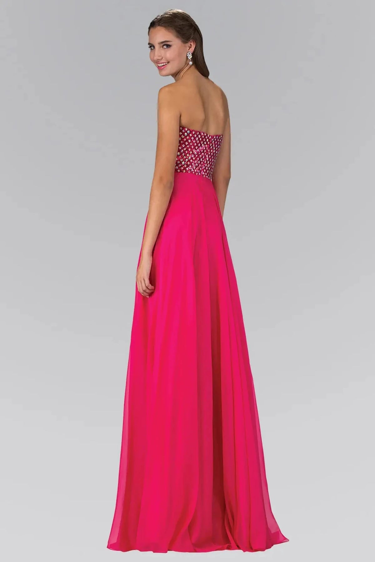 Fuchsia prom evening dress full back with open back