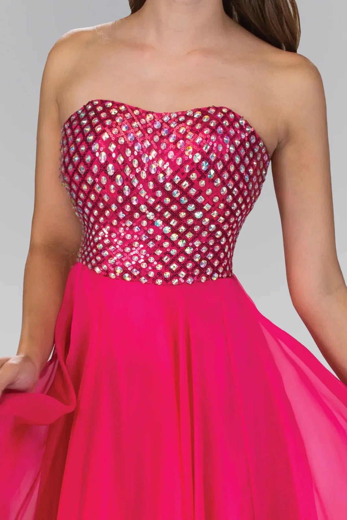 Fuchsia sweetheart prom evening dress upper front with jewel