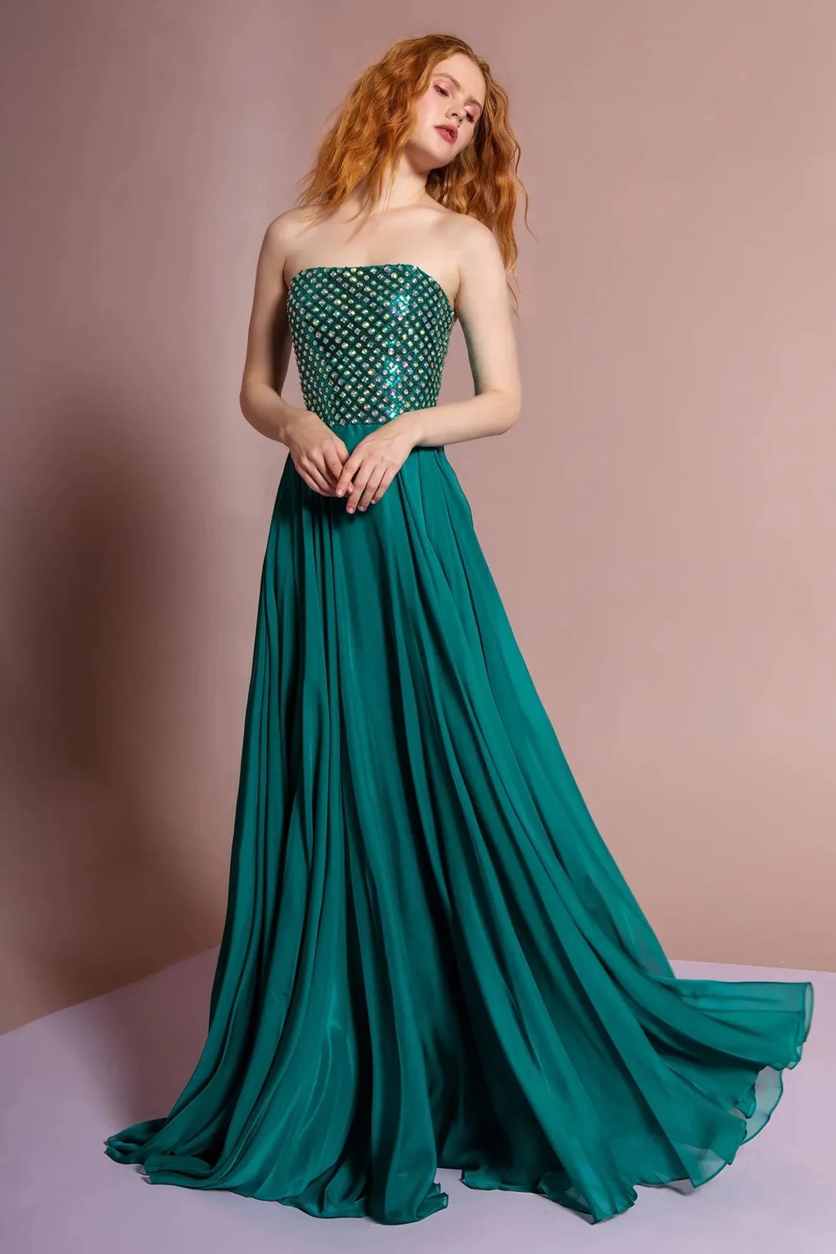 Green beaded strapless prom evening dress full front
